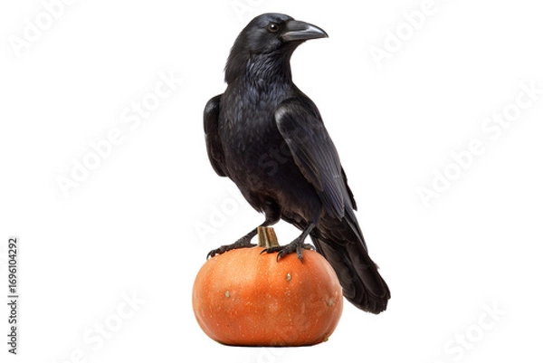 Fototapeta A Halloween raven perched on a pumpkin lantern, isolated on a transparent background.