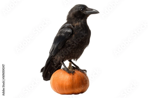 Fototapeta A Halloween raven perched on a pumpkin lantern, isolated on a transparent background.