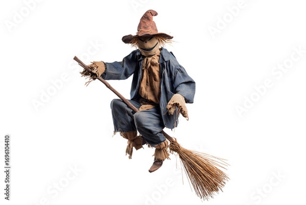 Fototapeta A Halloween scarecrow riding a broomstick, isolated on a transparent background.