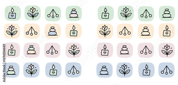Fototapeta Mindfulness & Balance – 16 Minimal Flat Icons (Pastell, Mental Health)