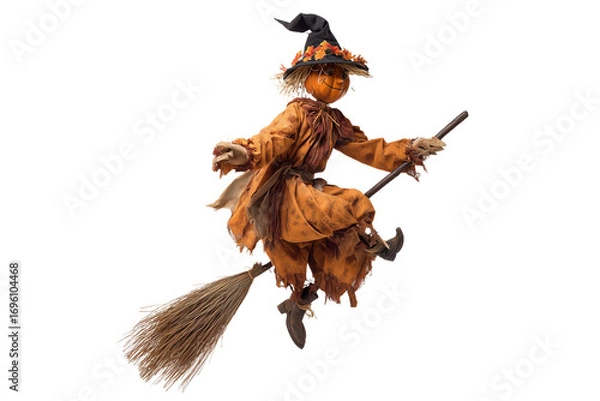 Fototapeta A Halloween scarecrow riding a broomstick, isolated on a transparent background.