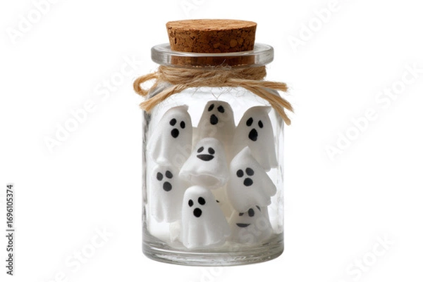 Fototapeta A Halloween jar filled with miniature ghosts, isolated on a transparent background.