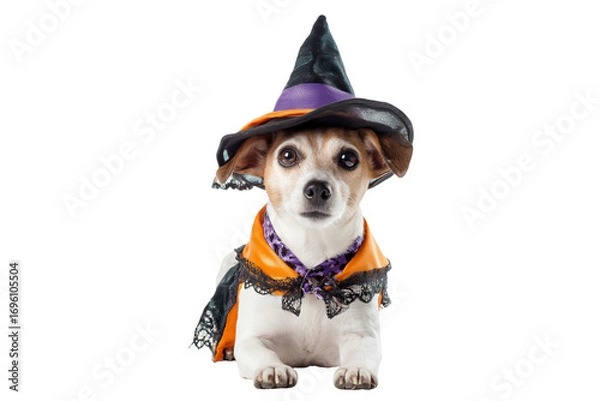 Fototapeta A Halloween skeleton dog wearing a witch hat, isolated on a transparent background.