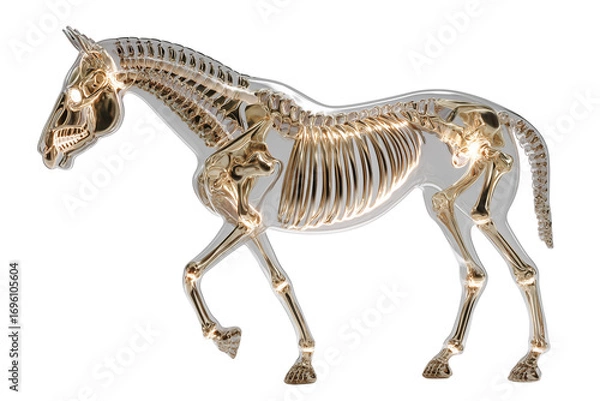 Fototapeta A Halloween skeleton horse with glowing bones, isolated on a transparent background.