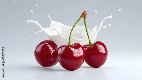 Fototapeta Ripe cherries with milk splash isolated on white backdrop
