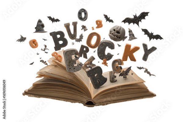 Fototapeta A Halloween book of spells with floating letters, isolated on a transparent background.