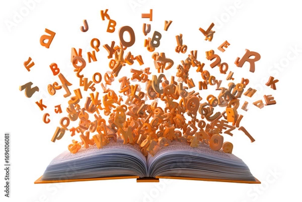 Fototapeta A Halloween book of spells with floating letters, isolated on a transparent background.