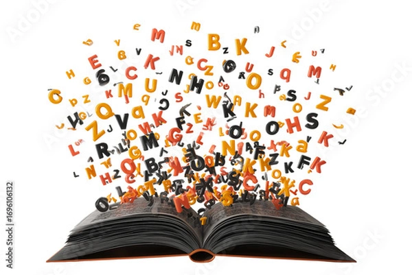 Fototapeta A Halloween book of spells with floating letters, isolated on a transparent background.