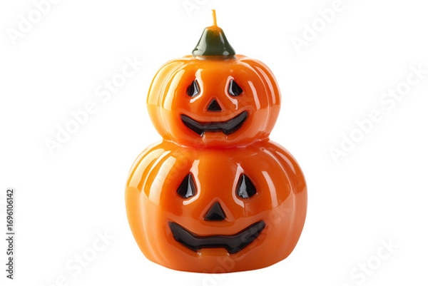 Fototapeta A Halloween candle shaped like a pumpkin tower, isolated on a transparent background.