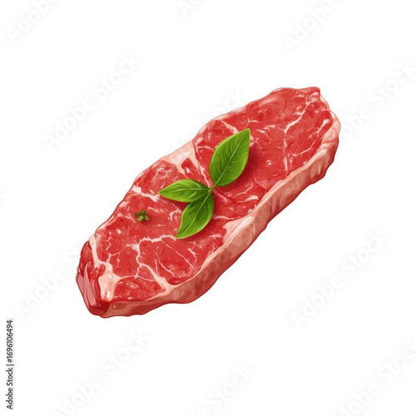 Fototapeta Raw red meat piece with herbs isolate on transparent white background