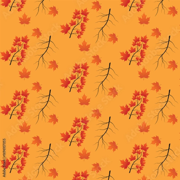 Fototapeta Print Autumn leaves pattern stylized fall foliage with vibrant leaves seasonal themed background illustration  wrapping paper, textiles, fabric, card, backgrounds, seasonal products, stroy,
