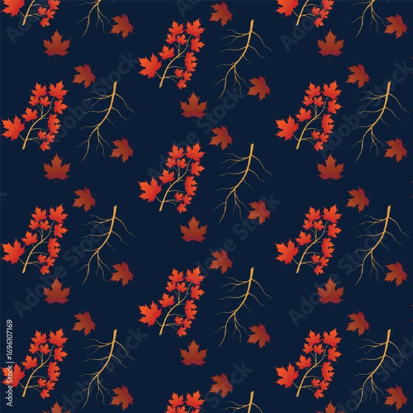 Fototapeta Print Autumn leaves pattern stylized fall foliage with vibrant leaves seasonal themed background illustration  wrapping paper, textiles, fabric, card, backgrounds, seasonal products, stroy,
