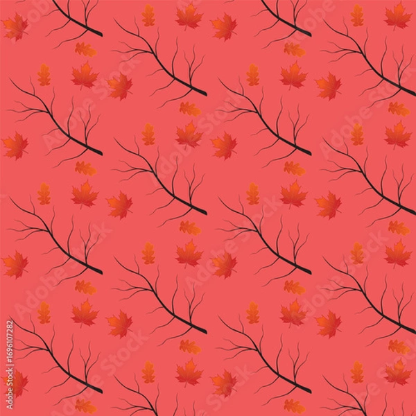 Fototapeta Print Autumn leaves pattern stylized fall foliage with vibrant leaves seasonal themed background illustration  wrapping paper, textiles, fabric, card, backgrounds, seasonal products, stroy,