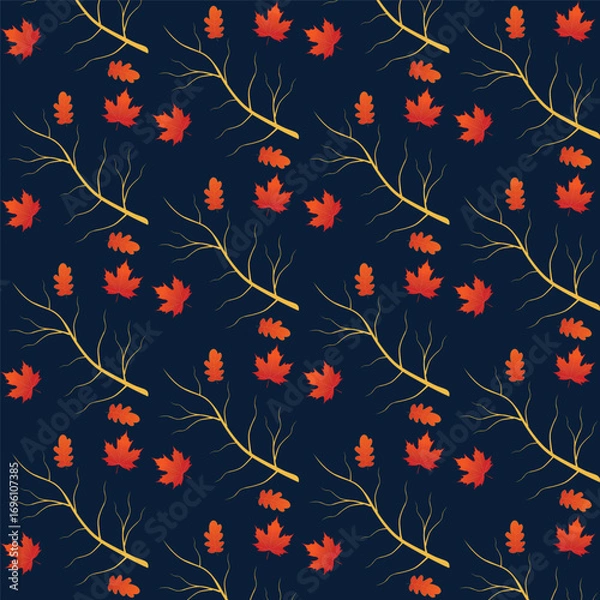 Fototapeta Print Autumn leaves pattern stylized fall foliage with vibrant leaves seasonal themed background illustration  wrapping paper, textiles, fabric, card, backgrounds, seasonal products, stroy,