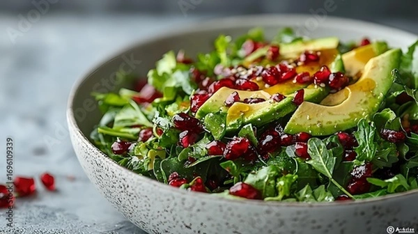 Obraz Fresh green salad with sliced avocado, pomegranate seeds and mixed lettuce leaves in white ceramic bowl on gray background, healthy vegetarian food.