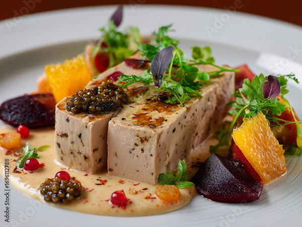 Fototapeta Exquisite foie gras terrine with black caviar and vibrant garnish