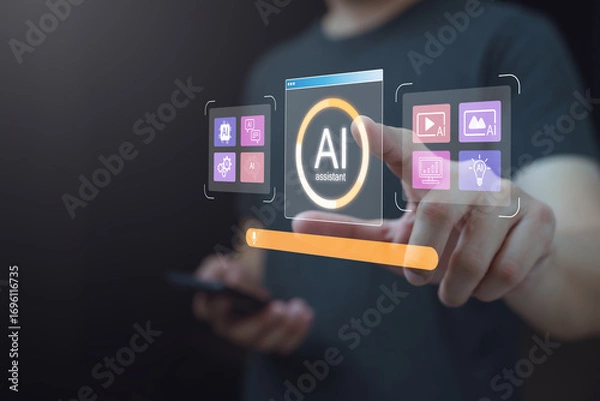 Fototapeta Man interacting with virtual AI assistant interface, symbolizing artificial intelligence, chatbot, automation, and smart digital technology for modern communication and productivity.