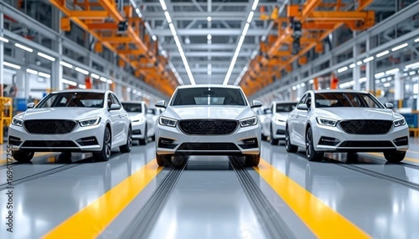 Fototapeta A line of sleek, brand new cars in an automotive factory, symbolizing the advancements in the industry
