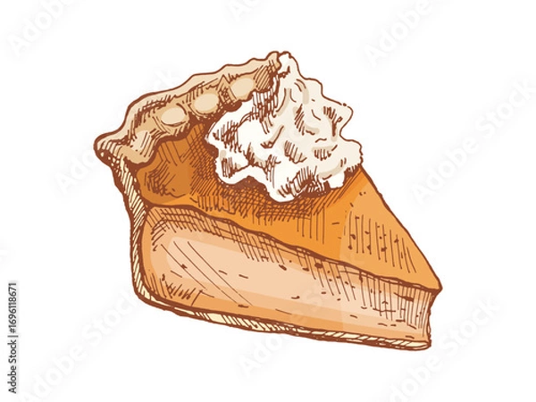 Fototapeta Hand drawn vintage sketch of pumpkin pie slice with whipped cream topping autumn thanksgiving sweet dessert illustration