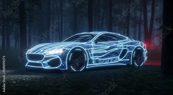 Fototapeta Stunning digital art of a futuristic sports car with vibrant blue neon glowing lines, like energy circuits, in a dark, atmospheric forest at night. High-tech, mysterious and captivating.