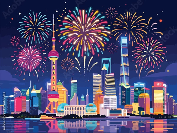 Fototapeta Spectacular Fireworks Display Over Shanghai Skyline for China National Day - Flat 2D Vector