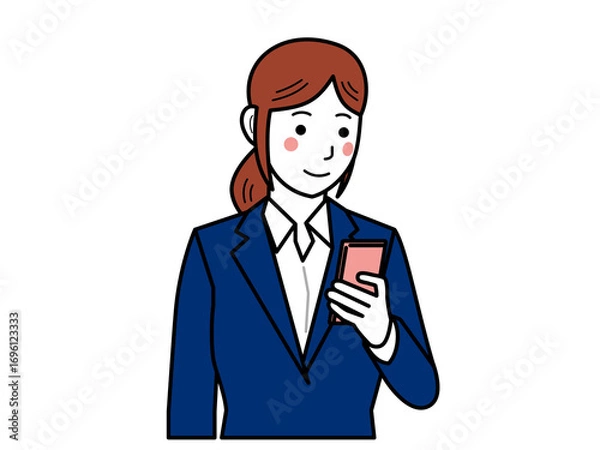 Fototapeta ネイビースーツ。スマホを見る女性。その2