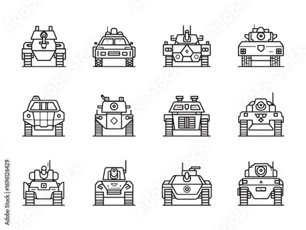 Fototapeta Armored vehicle line art icon set