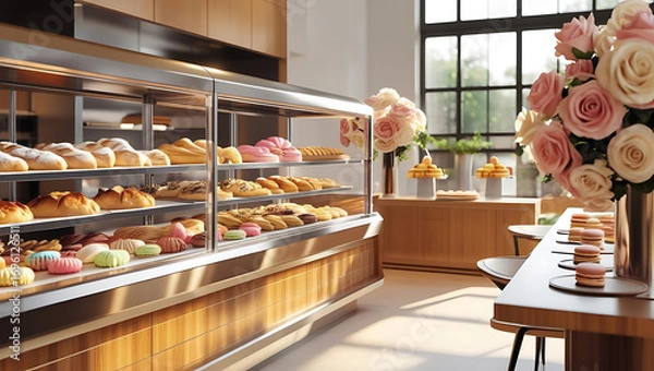 Fototapeta Coffee and pastries with roses