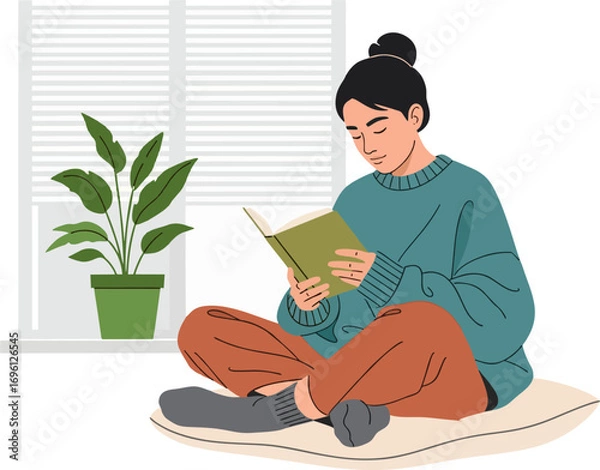 Fototapeta Illustration of a young woman sitting reading at home, wearing a comfortable outfit in front of a window with a plant. Young woman reading a book by a window with a plant in a relaxed and homey atmosp