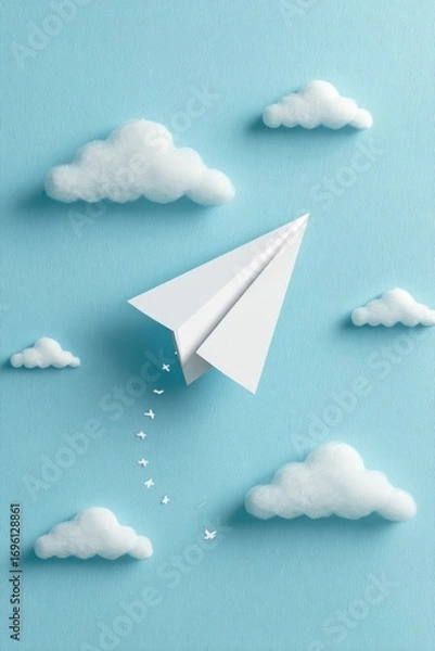 Fototapeta White paper airplane soaring over fluffy clouds on a light blue background