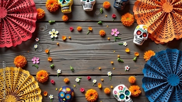 Fototapeta Colorful dia de los muertos celebration with marigolds and sugar skulls on wooden background