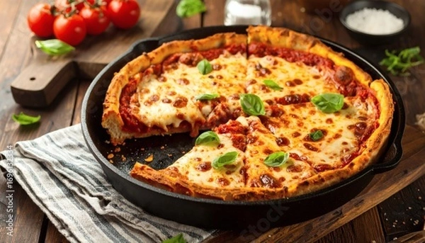 Fototapeta Chicago deep-dish pizza with gooey cheese and tomato sauce, sliced on a cast-iron pan