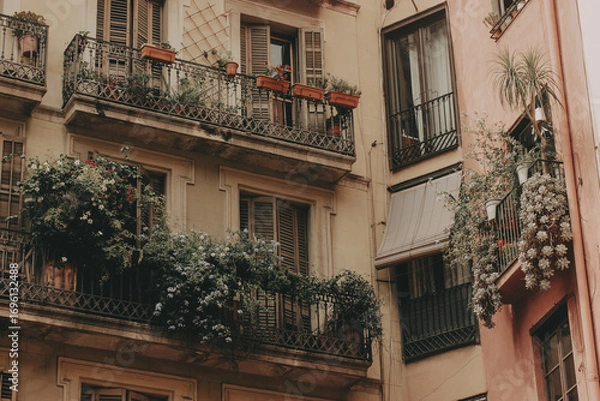 Fototapeta Charming European Balconies. A quaint view of the old buildings with cozy balconies overflowing with lush greenery plants and flowers, evoking a sense of peaceful urban life. Vintage aesthetic touch.