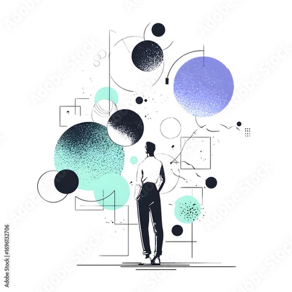Fototapeta Silhouette of a man contemplating abstract geometric shapes and cosmic elements.