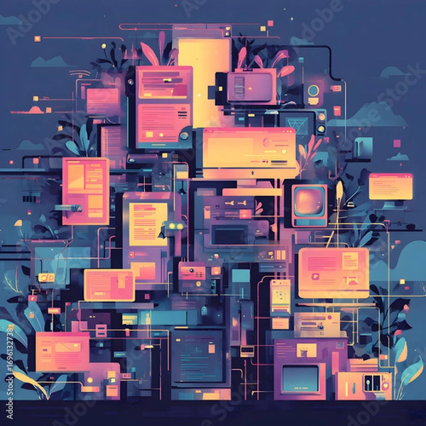 Fototapeta Digital Eden: A Vibrant Assemblage of Screens Plants and Interconnected Networks.