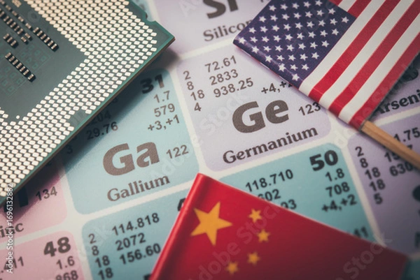 Obraz Ge (Germanium) Ga (Gallium) in the periodic table with Chinese, American flag, CPU. US vs China chip war, tech war, semiconductor industry concept. China curbs on exports of rare germanium and gallium