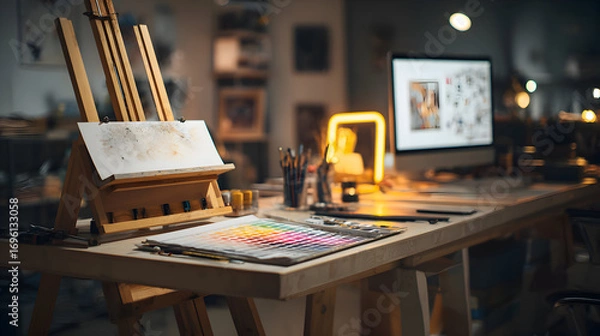 Fototapeta Artists Creative Workspace: Easel Color Palette Brushes and Digital Design in Warm Light.