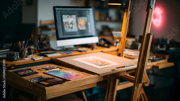 Fototapeta Artists Workspace: Warm Light Illuminates a Creative Haven with Vibrant Art Supplies.