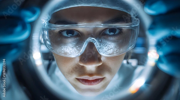 Fototapeta Focused Scientist in Lab Close-up Intense Research.