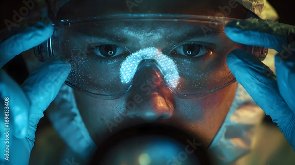 Fototapeta Microscopic Revelation: Scientists Intense Focus Under Glowing Blue Light.