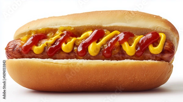Fototapeta Hot dog in bun with mustard and ketchup