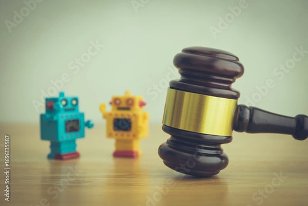 Obraz Hammer judge gavel and AI artificial intelligence bots on wooden table with white wall background copy space. Artificial intelligence AI governance, law, regulation, act concept.