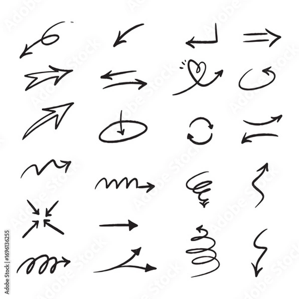 Fototapeta A diverse collection of hand-drawn black doodle arrows, featuring various shapes like curved, straight, zigzag, and spiral designs on a white background.