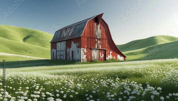 Fototapeta Picturesque valley landscape featuring palm lined road leading to majestic snow covered mountain peaks