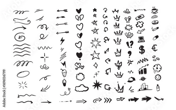 Fototapeta Collection of hand-drawn doodle graphic elements, including arrows, hearts, stars, crowns, question marks, and other symbols.