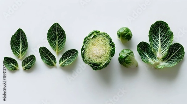 Fototapeta Artistic flat lay composition emphasizing freshly sprouted leaves and perfectly bisected cabbage arranged elegantly on a pristine white background, capturing natural textures in high detail