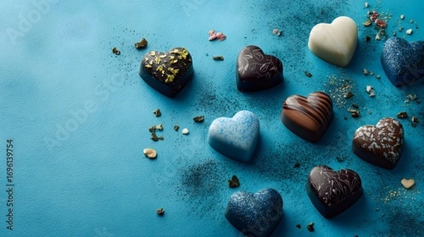 Fototapeta Intricate Heart-Shaped Artisanal Chocolate Display with Expansive Negative Space and Tranquil Blue Backdrop for Refined Valentine's Day Promotions