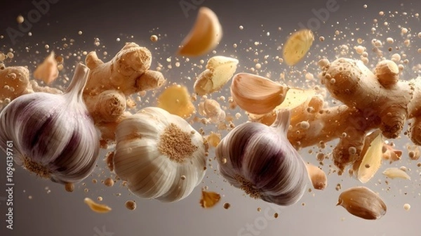 Fototapeta An In-Depth Scientific Analysis of the Synergistic Relationship Between Garlic and Ginger in Enhancing Natural Antimicrobial Properties for Health and Food Safety