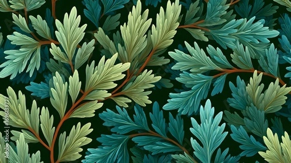 Fototapeta Detailed Juniper Twigs Seamless Vector Pattern in Siberian Inspired Modern Minimal Design