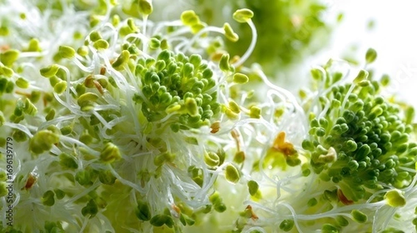 Fototapeta Macro Capture of Fresh Broccoli Sprouts Highlighting Detailed Texture and Nutrient Rich Composition on a White Minimalist Background